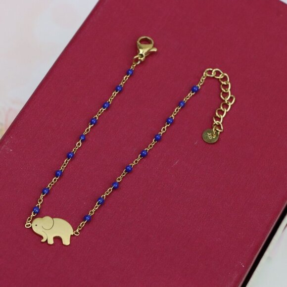 Charming Yellow Gold Plated Elephant Bracelet with Blue Beads, XPBL0621 - Picture 8 of 11